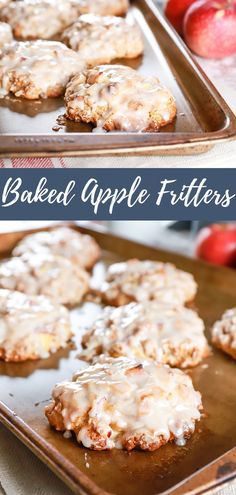 baked apple fritters on a baking sheet with apples in the background and text overlay that says baked apple fritters