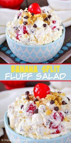 banana split fluff salad in a blue bowl