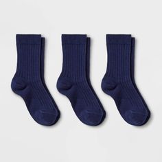 This 3-Pack of Dress Socks from Cat and Jack™ is a must-have in his everyday wardrobe. Crafted from a soft and lightweight fabric with a hint of spandex, these crew dress socks keep him comfortable from day to night, while their banded cuffs and wide rib-knit style ensure a secure and snug fit. This set of socks includes three pairs, each in a solid navy hue for versatile styling. Featuring a classic crew cut, these navy dress socks are great for both casual and dressier looks. Gender: unisex. A Soft Fitted Cotton Socks, Cotton Socks For Winter Playtime, Fitted Blue Socks For Fall, Cat Socks, Blue Socks, Crew Cut, Cat And Jack, Crew Cuts, Knit Style