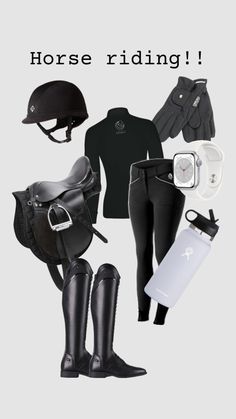 a horse riding outfit with boots, helmet and gloves on the front is shown in black