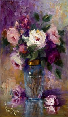 a painting of pink and white flowers in a blue vase on a purple tablecloth