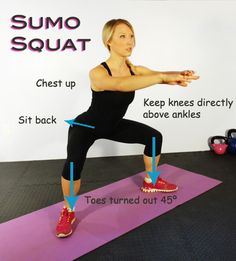 a woman doing squats on a yoga mat with the words sumo squat above her