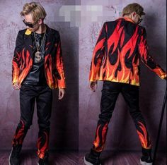 Men Long Jacket stage performance Rock Nightclub flame pattern suit Coat Pants | eBay Fire Inspired Outfits Men, Fire Themed Outfits Men, Fire Themed Outfits, Flame Outfit, Flame Jacket, Fire Outfits, Rock Style Men, Long Hooded Coat, Fire Clothes