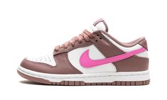 The Women’s Nike Dunk Low “Smokey Mauve” is a women’s-exclusive colorway of the retro shoe with an eye-grabbing pink Swoosh.  The upper is complete with a white leather base and Smokey Mauve leather overlays on the toe, forefoot, eyelets, collar, and on the heel.  A Playful Pink-colored leather Swoosh adds a pop of color on the sides.  The eye-catching neon pink hue also appears on the “Nike” embroidery on the heel and on the “Nike” and Swoosh logos on the Smokey Mauve nylon tongue tag on the wh Dusty Rose Nike Shoes, Pink Air Jordans Low Top, Pink Low Top Dunks, Mauve Shoes, School Van, Nike Embroidery, Dunks Low, Pretty Shoes Sneakers, Streetwear Accessories