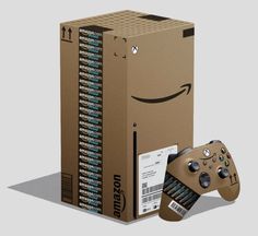 an amazon box with a game controller next to it