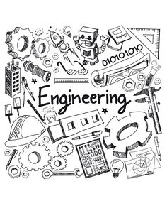 the word engineering surrounded by hand drawn doodles and mechanical tools on a white background