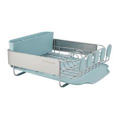 a baby crib with blue and white chairs on it's sides, in front of a white background