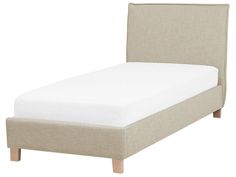 an upholstered bed with white sheets and wooden legs, against a white background