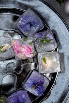 ice cubes with flowers in them sitting on a plate filled with water and ice