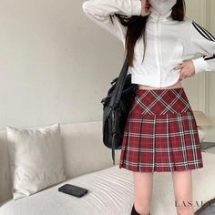 Lasaky - Red Plaid Pleated Skirt - High Waist Short Skirt College Fashion Half Skirt High Waist Short, Plaid Pleated Skirt, Half Skirt, Pleated Midi Skirt, College Fashion, Types Of Skirts, Short Skirt, Line Design, Olivia Mark