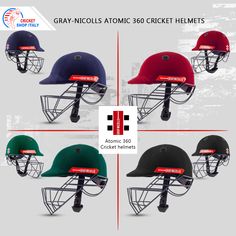 four baseball helmets with the name gray - nicc's atomic 350 cricket helmets