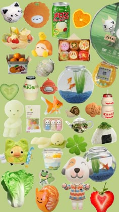 an assortment of food and drink items on a green background