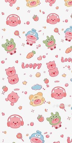 an animal themed wallpaper is shown in pink, blue and green