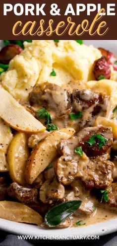 pork and apple casserole with mashed potatoes in a white bowl