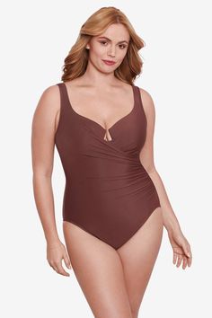 Look 10 lbs. Lighter In 10 Seconds® With Miraclesuit Underwire Molded Cup Bra Sweetheart Neckline Fixed Straps Scoop Back Moderate Leg Cut 69% Nylon, 31% LYCRA® Spandex | Miraclesuit Women's Plus Size Must Haves Escape One Piece Swimsuit in Tamarind, Size 16W, Nylon/Spandex/Lycra Cup Bra, 10 Seconds, Bra Cups, Sweetheart Neckline, One Piece Swimsuit, Must Haves, Cover Up, Spandex, One Piece