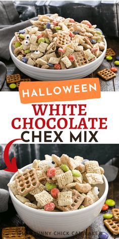 halloween white chocolate chex mix in a bowl with the title overlay above it