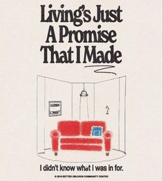 an advertisement for living just a promise that i made, with a red couch in the corner