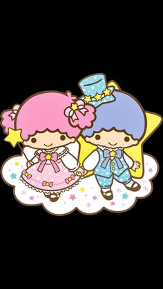 two cartoon characters standing next to each other on a cloud with stars and clouds in the background