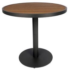 a round wooden table with black metal base