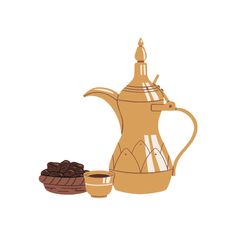 a tea pot and cup with some coffee beans