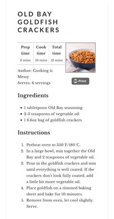 the recipe for old bay goldfish crackers is shown in this brochure