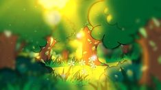 the sun shines brightly through the trees and grass in this digital painting style image