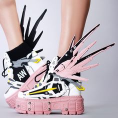 Gear Up For Your Battle On The Dance Floor With The Destiny 2.0 Platform Sneakers From Anthony Wang. These Rad Festival Platform Sneakers Feature A Black Vegan Upper With White And Pink Mech Accents, Detachable Shield And Wing Details, Lace-Up Front, Chunky Tread Sole, And Hidden Interior Wedge That Will Amp Up Your Moves. With These Cute Sneakers, No Naturals Will Stand In Your Way! "Destiny 2.0 Platform Sneakers 3"" Heel, 1.5 Platform Vegan And Pu Upper Sock-Like Ankle Fit Built-In Inner Wedge Unique Tennis Shoes, Men Pink Outfit, Gundam Shoes, Anthony Wang Shoes, Pink Streetwear, Rave Gear, Shoe Designs, Oc Inspo, Sneaker Art