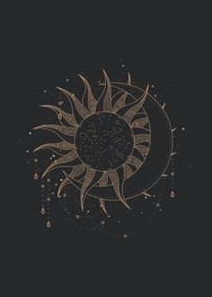 the sun and moon are drawn in gold on a black background, with drops of water