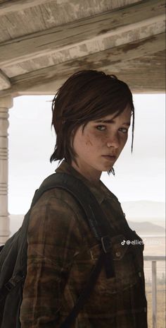 the last of us character with brown hair and backpack standing under a covered porch, looking at camera