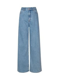 Details: Classic blue color wide leg jeans Back pockets with old white trim and three fork design, personalized and fashionable Made of high quality denim cotton, slightly elastic Simple waistband with asymmetric pockets on both sides Loose hem, floor-length pants Materials & Care: Cotton 97.2%, Other fibers 2.8% Hand wash | Dry clean Do not bleach Size & Fit: Model is 5'7", Bust 32, Waist 24, Hips 35, wearing a size S Item #: WM2DP08 Waid Leg Jeans, Cute Wide Leg Jeans, Cool Jeans Design, Wide Pants Jeans, Jeans White Background, Jeans Pants Design, Blue Jeans Wide Leg, White Denim Pants, Fork Design