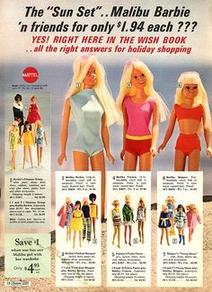 an advertisement for barbie dolls from the'80s, featuring three models in swimsuits