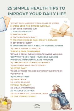 25 simple tips to improve your daily life, self care, wellness, routine, science of essentials Productivity Routine, Healing Journaling, Healthy Morning Routine, Simple Health, Take The Stairs, Personal Improvement, Wellness Routine, Bettering Myself, Self Healing