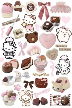 hello kitty stickers are arranged on top of each other, including chocolates and candies