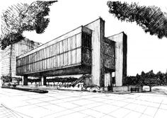 an architectural drawing of a building with trees in the foreground and people walking by