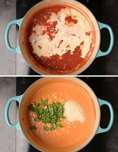 two pictures showing how to make tomato soup in one pot and the other with cheese on top