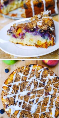 blueberry crumb cake with white icing on a plate and another piece missing