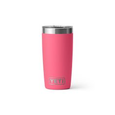 a pink yeti cup with the word yeti on it