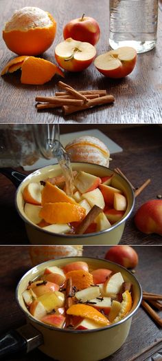 The Perfect Fall Potpourri The peel of 1 Orange - 1 cut up Apple -1T cloves - 2 Cinnamon Sticks - 1 T Vanilla - 1T Almond Extract -1.5 C Water. ~Simmer and enjoy ;-) Fall Potpourri, Almond Extract, Cut Up, Potpourri, Apple Cider, Cinnamon Sticks, Cider, Apples, Cinnamon