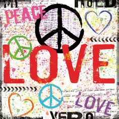 a peace sign with the word love written in different languages and colors, on a white background