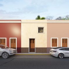 two cars are parked in front of an apartment building