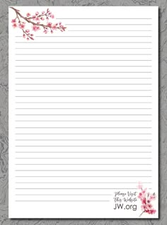 a lined paper with pink flowers on it