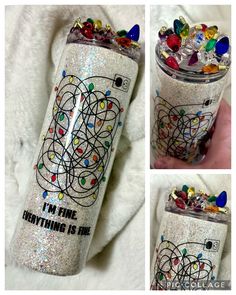 the tumbler is decorated with many different colored beads and confetti on it