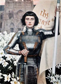 a painting of a woman in armor holding a flag and standing next to white flowers