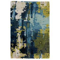 an abstract rug with blue, green and yellow colors on the bottom half of it