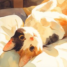 a painting of a cat laying on top of a bed