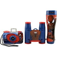 two children's binoculars and a spiderman lunch box are set up on a white background