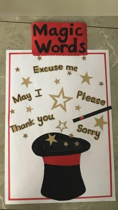 a card with an image of a top hat and a wand on it that says, magic words