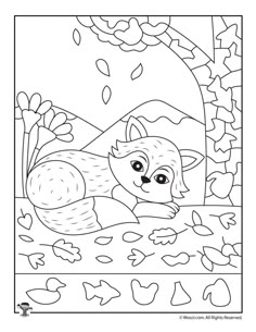 a coloring page with an image of a fox in the woods, and leaves on the ground