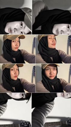 a woman wearing a hat and scarf with multiple pictures of her face in different ways