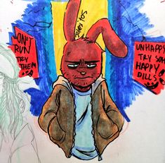 a drawing of a rabbit with some signs on it's back and another bunny in the background